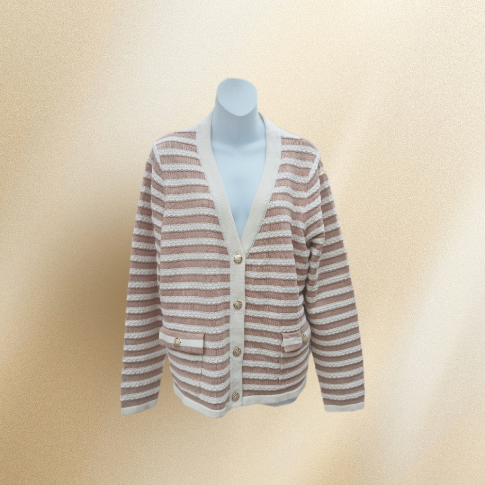 Isaac Mizrahi Cardigan Sweater Tan and Cream Stripes Size L